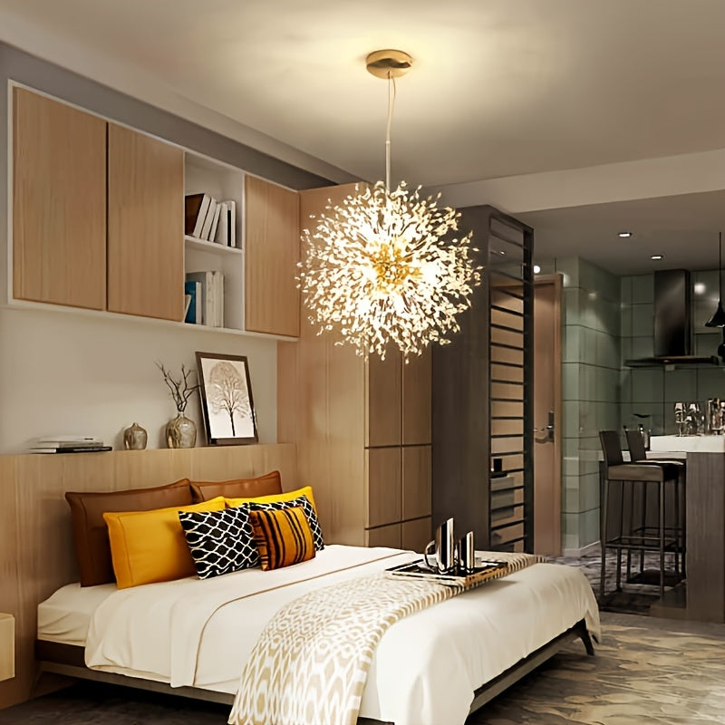 1 lámpara de cristal dorado de lujo, diseño moderno de diente de león, cable ajustable para suspensión, estructura metálica, ideal para sala, comedor, dormitorio o cocina, incluye 8 cabezales G9 (bombillas no incluidas, compradas por separado)