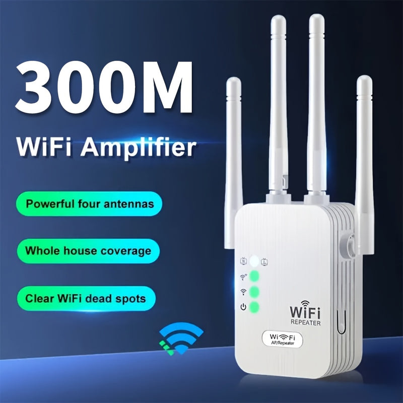 Extensor de WIFI Momotor, Amplificador de Señal WIFI, Alta Velocidad Inalámbrica de 2.4GHz, Potente con 4 Antenas, Alta Penetración, Sólida Señal, Modo de Seguridad WPS, Enrutador de Expansión Doble Modo - Adecuado para Hogar, Cafetería, Oficina, Centro