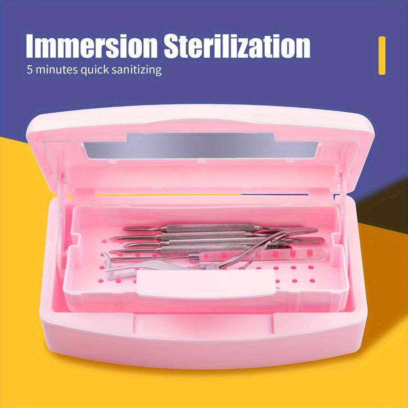 Caja desinfectante para herramientas de manicura rosa - Organizador con compartimentos para limpieza y almacenamiento, desinfección rápida en 5 minutos, ideal para salones de belleza, organizador para salón de uñas | Diseño compacto | Organizador eficien