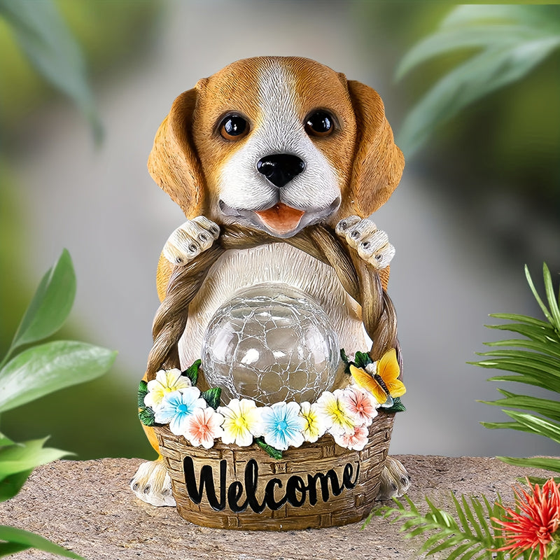 1pc Decoración De Jardín Perro Energía Solar Animal Decoración Señal De Bienvenida, Estatua Luz Nocturna, Luz De Resina Artesanal De Jardín