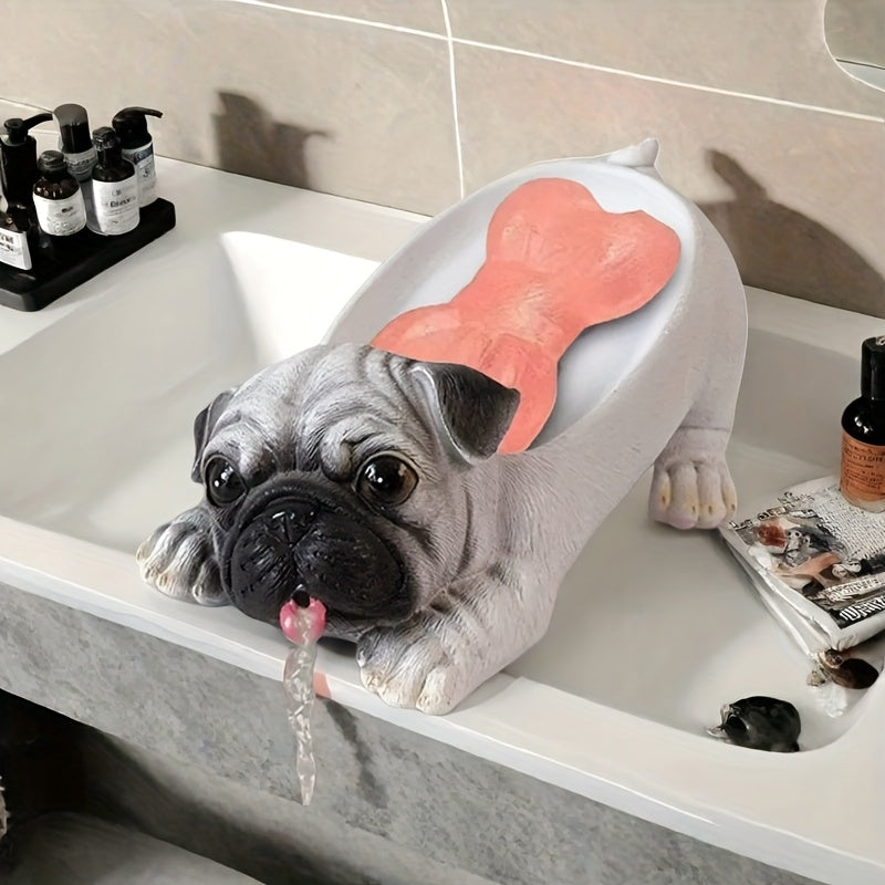 Estatuilla de Pug blanco de resina simulada para jabón - Caja de productos domésticos diarios, adecuada para baño y cocina