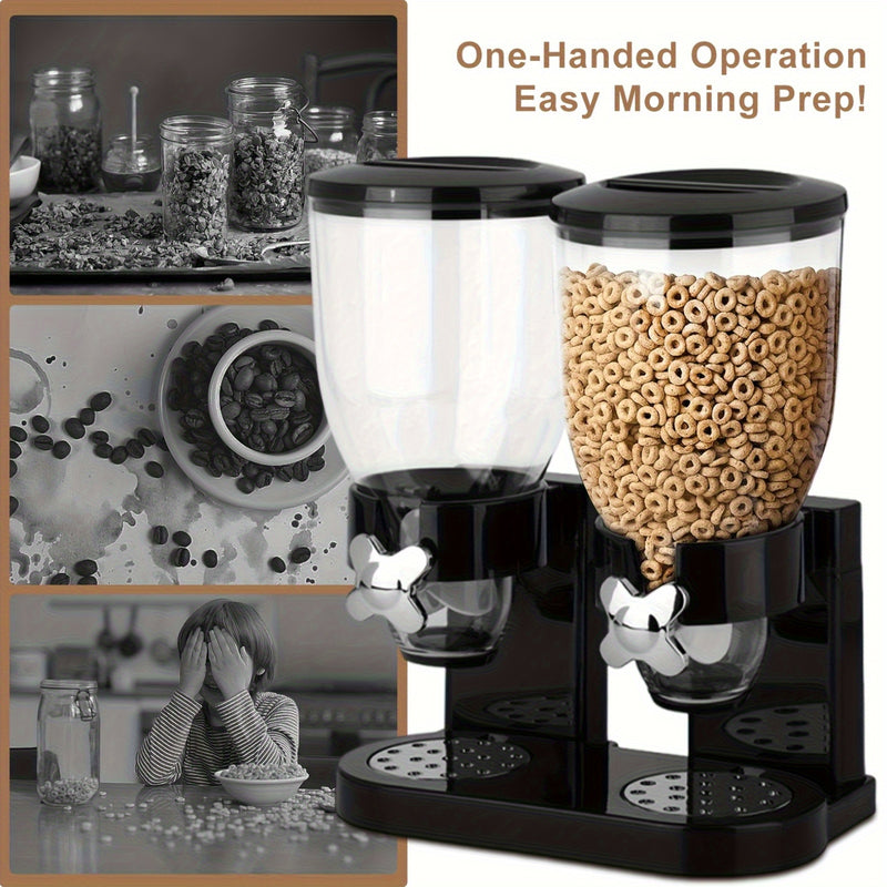 Dispensador de granos de 2 litros con dos tazas, contenedor de almacenamiento de alimentos secos con soporte de dos cabezas para caramelos, nueces, arroz, avena, granos, etc., material PET, forma redonda, tapa giratoria, solo lavado a mano, uso múltiple