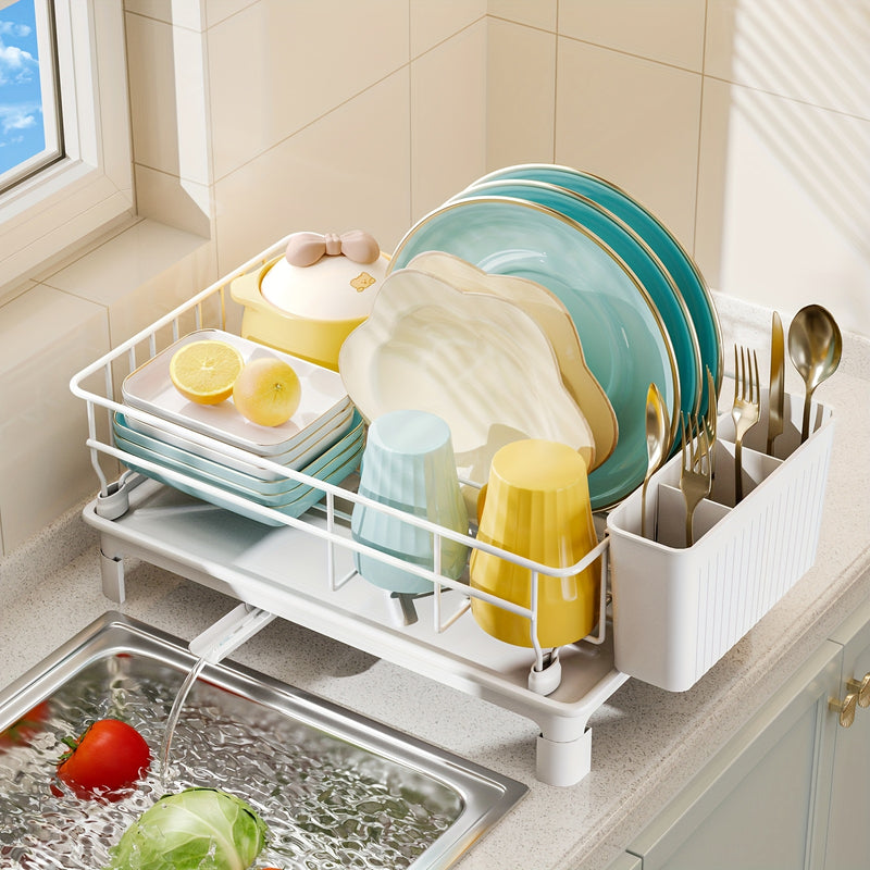 Estante para Platos de Una Capa que Ahorra Espacio con Porta-Cubiertos y Tabla de Escurre - Perfecto para la Organización del Fregadero de la Cocina