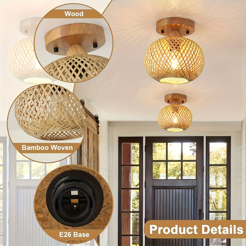 1pc Lámpara de techo de bambú tejida a mano - Estilo Bohemio, Eficiente en energía con base E26, Ideal para salón, dormitorio, cocina, pasillo, Iluminación de cocina | Iluminación de estilo bohemio | Lámpara de techo tejida a mano