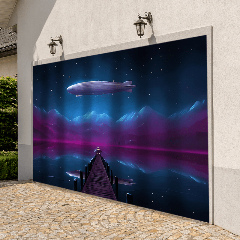 1pc Banderola de Puerta de Garaje con Reflejo del Lago y Montaña en Aeronave Fantástica - Paisaje Nocturno Vibrante con Estrellas, Poliéster Resistente al Clima, Sin Necesidad de Electricidad para Decoración Navideña, Halloween, Fiestas y Jardín, Tema Ac