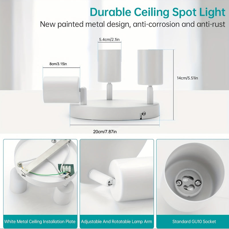 3 luces redondas de techo LED, blanco giratorio GU10 - Moderno hierro y acabado pulido, montaje semi-inclinado, cableado, múltiples componentes, control de interruptor para cocina, dormitorio, sala de estar - Luces no incluidas, iluminación para el hogar
