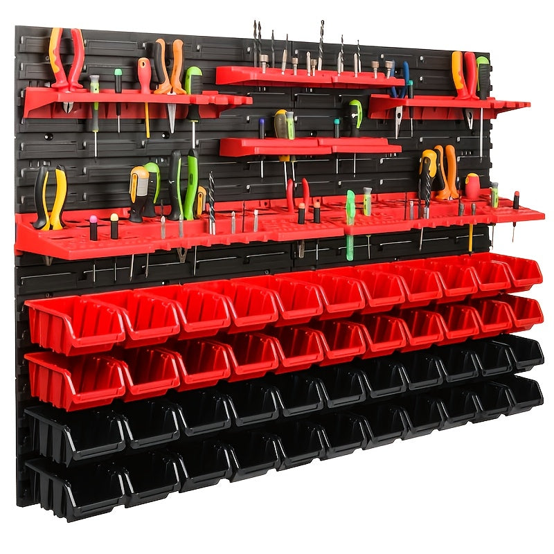 Estante organizador de herramientas montado en pared, resistente - Rack de almacenamiento multicompartimento con estantes plásticos rojos y negros, tableros colgantes y ganchos para garaje, taller - Organización de taller duradera y ahorradora de espacio