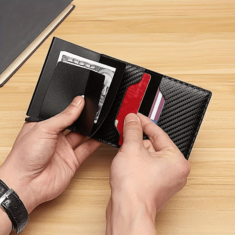 1 pieza de cartera ultrafina con bloqueo RFID para hombres - Carne sintética negra con aleación de aluminio, compacta y ligera, perfecta para negocios, viajes, camping y uso diario, cartera con bloqueo RFID | Diseño elegante de cartera | Cartera duradera