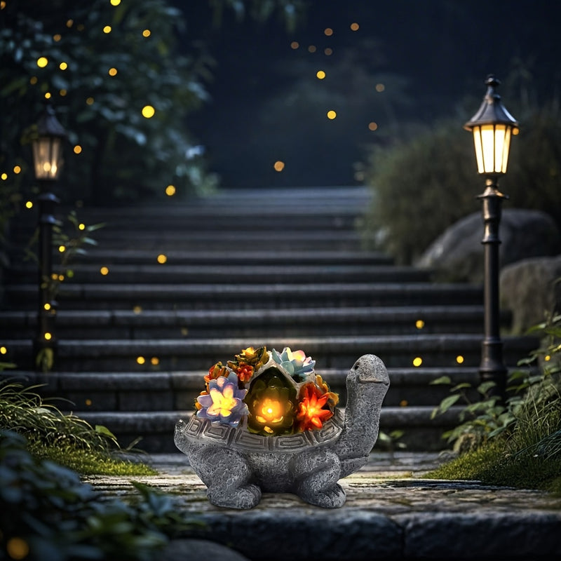 Linterna solar, estatua de tortuga con flores suculentas para exteriores, artesanías de resina, adecuada para patio, jardín, césped, escalones, regalo del Día de la Madre, Halloween, Navidad