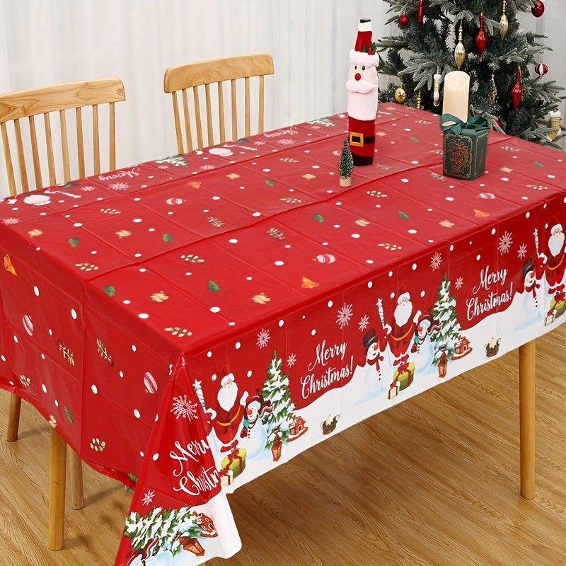 1pc Manta de plástico de Navidad con Santa y Hombre de Nieve - Cubierta de mesa desechable de patrón de dibujo animado rojo para decoración de fiesta de vacaciones, tejido no textil rectangular hecho a máquina, se ajusta a mesas de 219.96x129.79cm
