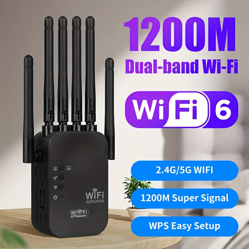 2025 Nuevo Potente Amplificador de WiFi, Repetidor de WiFi, 1200Mbps WiFi, Enchufe de EE. UU. (100-240V) para Cobertura en Hogares/Oficinas, Amplificador de Señal de WiFi de Alta Velocidad con Fuertes 6 Antenas - Puerto de Ethernet Conectado, Señal Poten