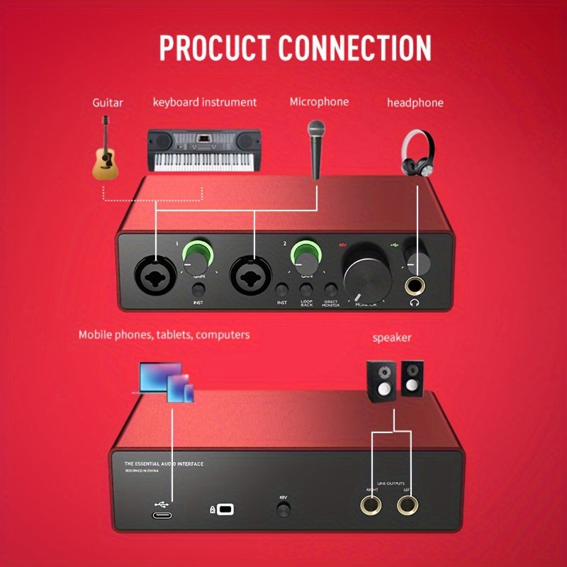Interfaz de Audio AMACEX X2 para Grabación en PC, Podcasting y Streaming - Plug & Play, Silenciosa, Alimentada por USB con Conector de Monitor de 6.5mm, Controles de Volumen, Ideal para Músicos y Creadores de Contenido, Roja
