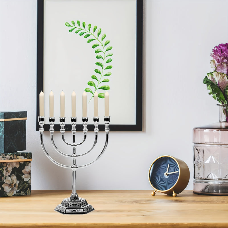Menorah de 7 ramas tradicional de Hanukkah, candelabro de metal estilo templo dorado para decoración religiosa y festiva en el hogar, 1 pieza