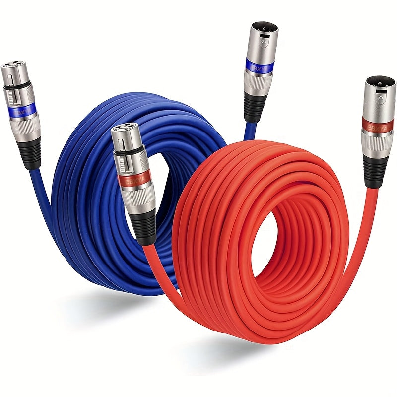 Conjunto de 2 cables para micrófono XLR, 15.24 metros - Macho equilibrado a hembra, doble blindaje con cobre libre de oxígeno y lámina de aluminio, rojo y azul, ideal para micrófonos, iluminación escénica y actuaciones en vivo