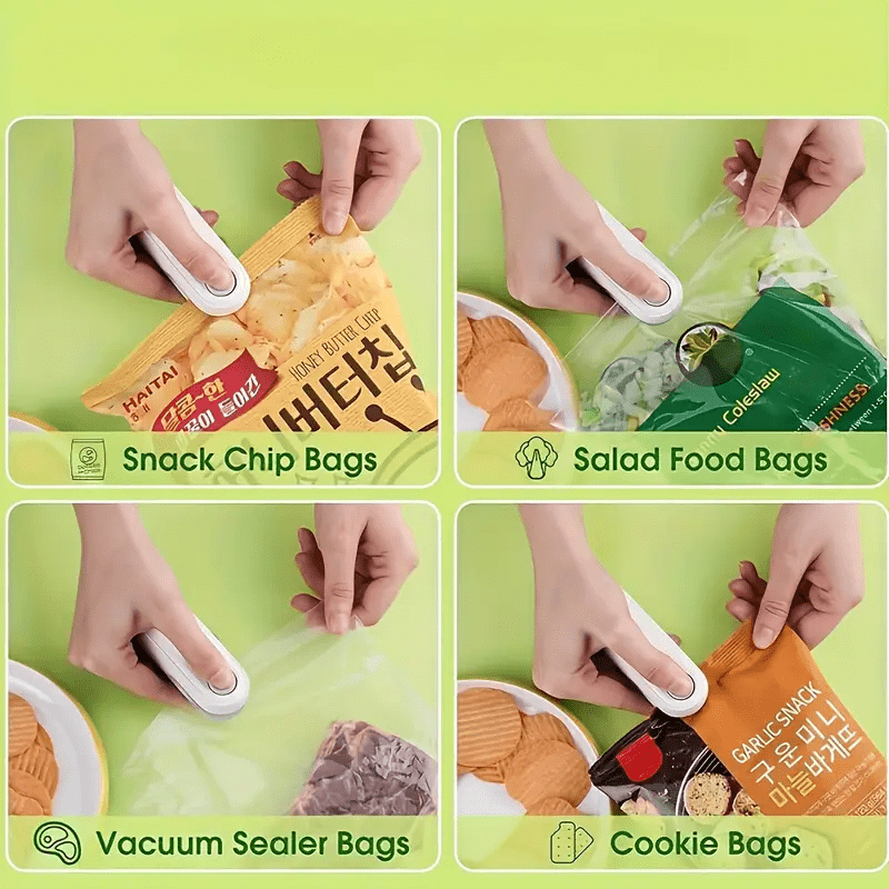 Máquina Selladora de Aperitivos Portátil, Sellador Manual para Bolsas de Plástico, Carga USB, Batería de Litio Recargable de 150mAh. Adecuado para su uso en 6 escenarios importantes, escuela, cocina, hogar, residencia universitaria, al aire libre y otras