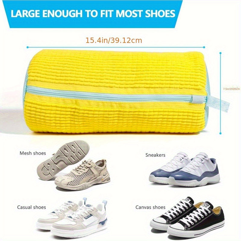 Bolsa Duradera para Lavadora de Zapatos para Todo Tipo de Calzado - Amarilla con Cremallera Azul, Tela de Chenilla con Revestimiento Suave y Reducción de Ruido, Cierre de Nailon Resistente, Apta para Todas las Lavadoras, Protege Zapatillas, Zapatos Casua