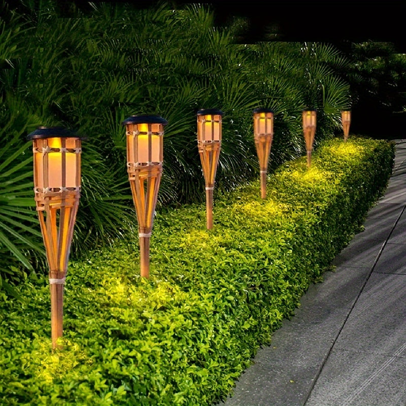 1pc Lámpara Solar de Estilo Bambú con Efecto de Llama Cálida, Encendido/Apagado Automático, Luz Duradera para Jardín Exterior, Decoración de Patio y Caminos, Diseño Imitación de Llama, Luces Solares para Exteriores
