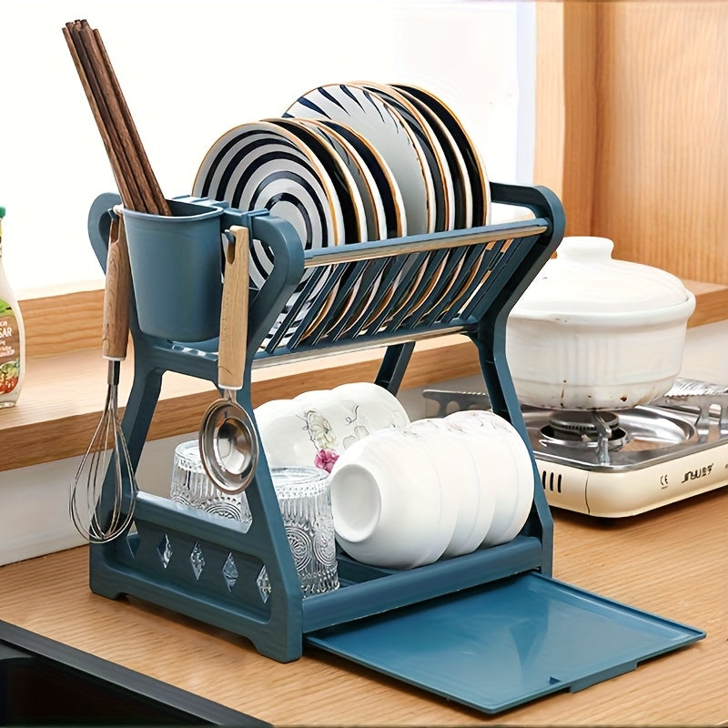 Estante de platos de cocina con soporte para utensilios, soporte para tablas de cortar y almacenamiento de tazas, adecuado para platos, tazones y herramientas de cocina, organización y exhibición de cocina para cuatro estaciones.