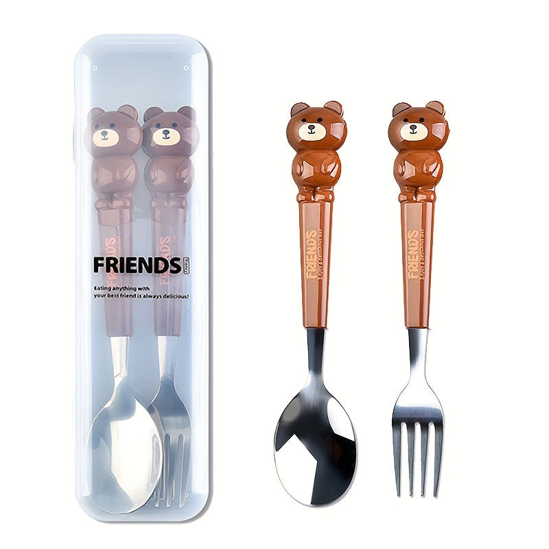 2 Piezas, Cubiertos Portátiles De Acero Inoxidable, Cuchara Y Tenedor De Caricatura Con Caja De Almacenamiento Portátil Transparente Reutilizable, Adecuado Para El Hogar, La Escuela, El Picnic Y El Camping Al Aire Libre