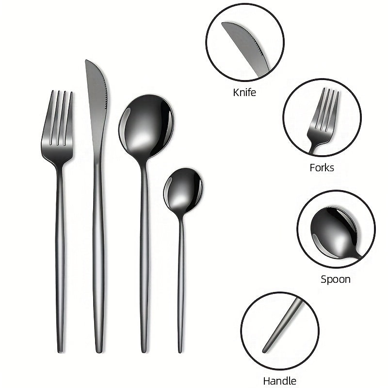 Juego de Cubiertos Elegantes de Acero Inoxidable Negro de 16 Piezas - Incluye Cuchillos para Bistec, Tenedores de Cena, Cucharas para Sopa y Postre - Diseño Elegante para Uso Doméstico y en Restaurantes