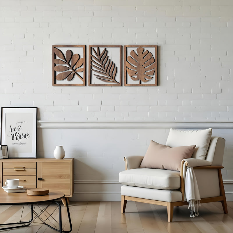 Juego de 3 esculturas de pared rústicas, arte de pared grande para decoración del hogar en sala de estar, dormitorio, oficina, fácil de instalar, patrón de hojas.