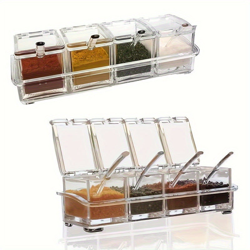 1 caja de condimentos transparente, juego de 4 contenedores de almacenamiento de condimentos con cuchara, estante de condimentos transparente, ollas de especias para pimienta, especias.