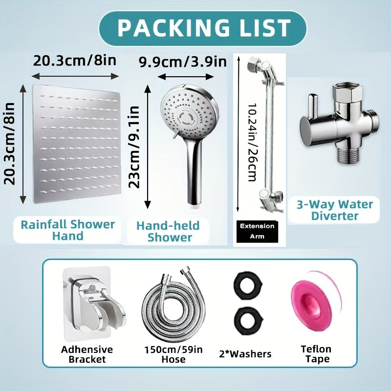 Cabezal de ducha fijo de acero inoxidable con 5 funciones, ideal para baños, incluye ducha de mano, barra de ducha, válvula desviadora, manguera y barra de extensión