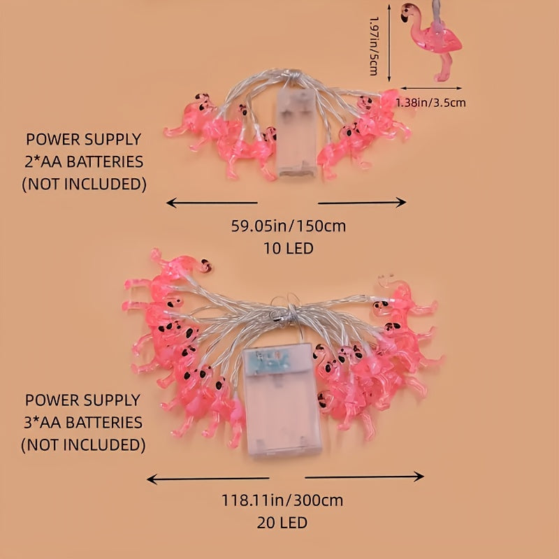 Luces de cadena LED en forma de flamenco, disponibles en 1.5m/3m, con 10/20 LEDs, funcionan con pilas, material de PVC, ideales para uso en interiores y exteriores, perfectas para el verano, fiestas, cumpleaños, bodas y Navidad - Pilas no incluidas, sin