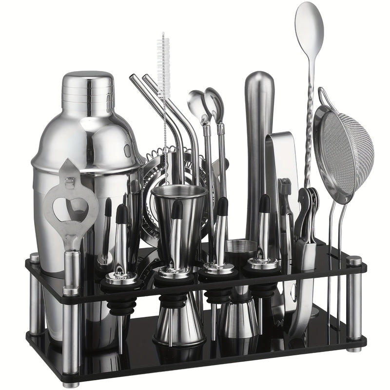 20 piezas Juego de Mixología de Acero Inoxidable con Shaker, Colador, Muddler, Jigger, Cuchara, Filtro de Hielo, Abrebotellas, Salidas de Vino y Soporte de Herramientas de Acrylic - Kit de Barman Completo