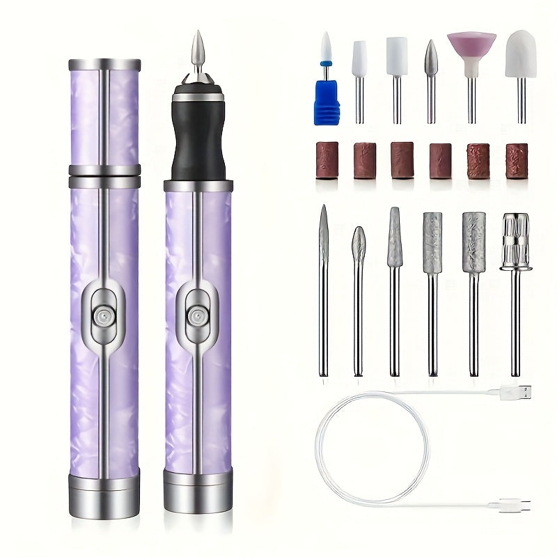 Lima eléctrica para uñas, kit de manicura y pedicura con 12 cabezales de pulido y 6 bandas de lijado, 4 velocidades, set de regalo para limar, recortar y pulir uñas acrílicas y de gel (morado)