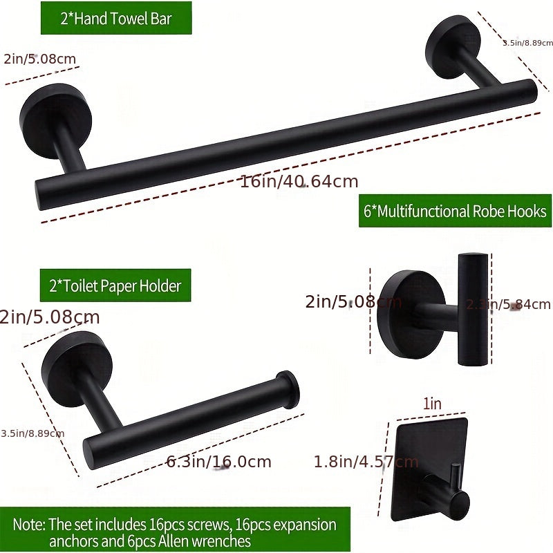 Juego de accesorios para baño moderno 2024, incluye barra para toallas de 15.8 pulgadas, montaje en pared con taladro, material duradero, acero inoxidable SUS304, juego de 10 piezas (plateado/negro)