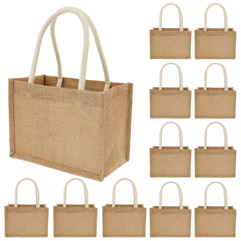 12 bolsas de yute mini, bolsas de playa de yute con asas, bolsas de compras reutilizables, bolsas de regalo de yute, bolsas multiusos para viajes, playa, escuela y actividades al aire libre