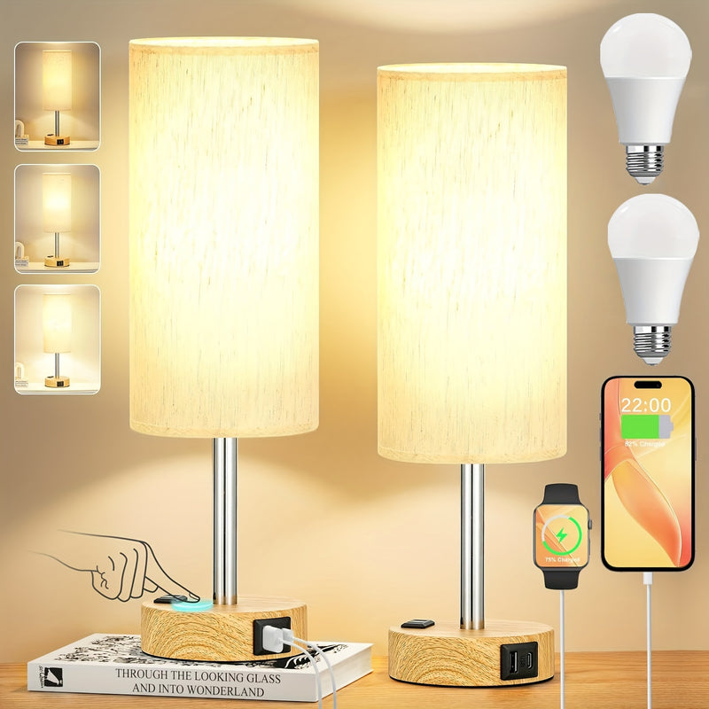 Conjunto de 1/2 Piezas de Lámpara de Noche Moderna con Control Táctil - Regulable en 3 Niveles, Puertos USB y Enchufe de CA, Base de Madera con Pantalla de Lino para Mesita de Noche, Escritorio, Oficina, Dormitorio (Bombilla LED Incluida), Lámparas de Me