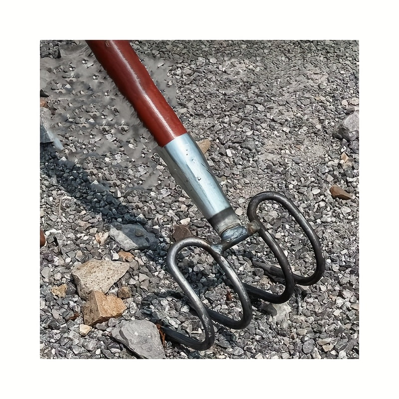 Rastrillo de acero multiusos resistente, ideal para cavar y labrar tierra. Perfecto para jardines, obras y limpieza en playas. Diseñado con metal duradero para uso fácil en condiciones adversas, herramienta esencial de mantenimiento