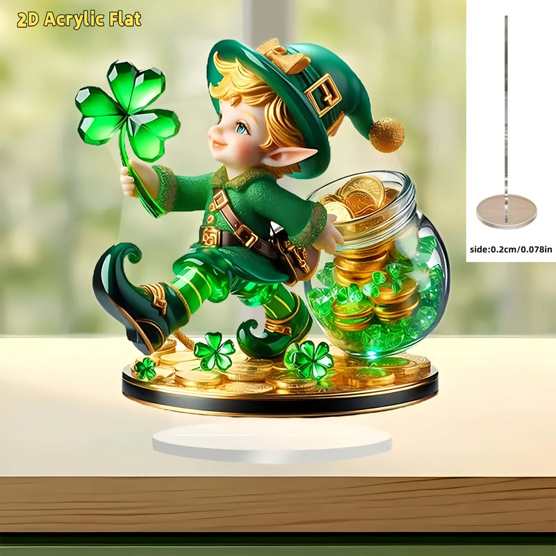Decoración de Escritorio 2D Acrílico Cristal Leprechaun con Trébol, Decoración Multiusos para el Hogar sin Baterías, Ideal para Regalos del Día de San Patricio y Adornos Festivos, 2D Plano