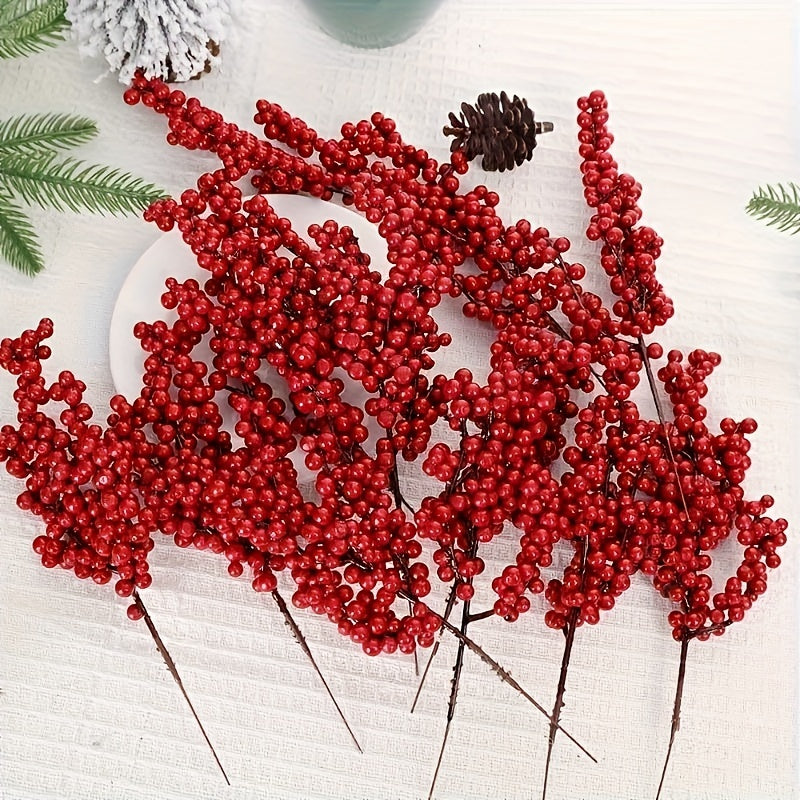 10 tallos de bayas artificiales rojas vibrantes - Ideal para decoración de árbol de Navidad y fiestas, no requiere energía