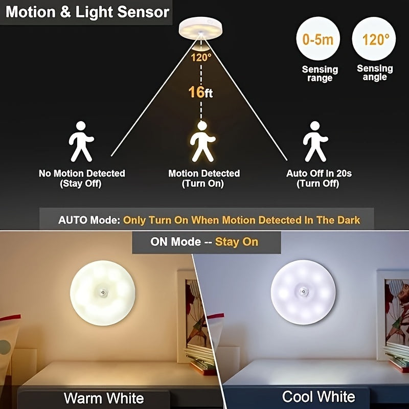6 luces LED con sensor de movimiento recargables por USB – Iluminación moderna con brillo ajustable para mesita de noche y escaleras, diseño en plástico blanco para dormitorio, residencia y uso en el hogar, luz con sensor de movimiento para interiores