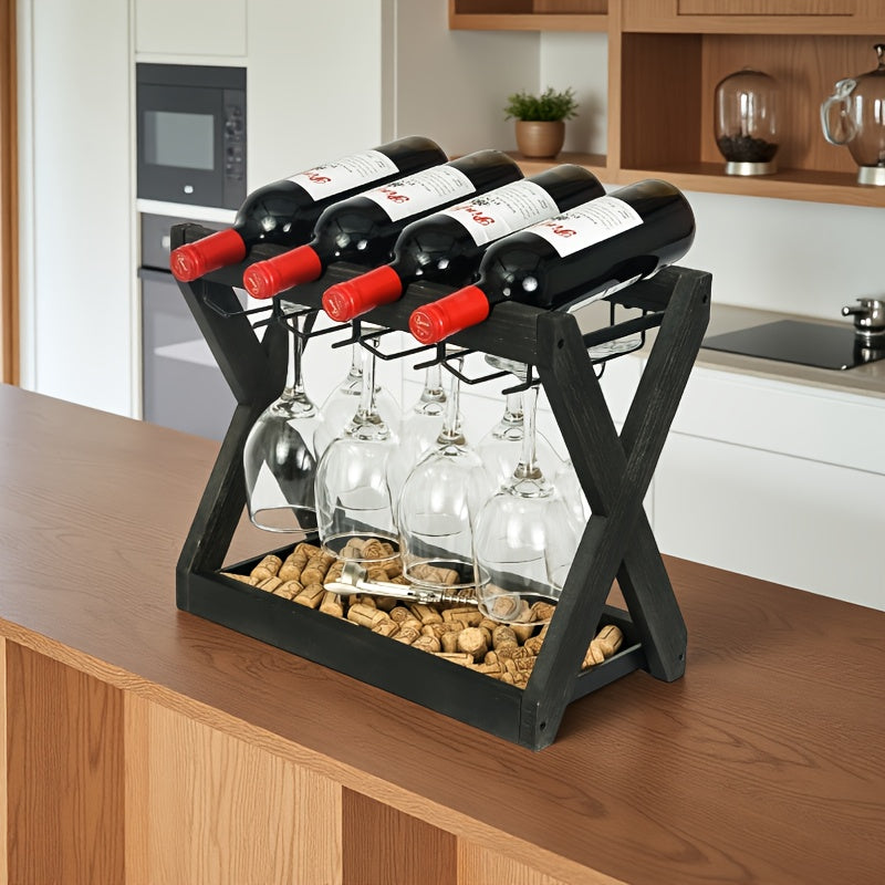 Soporte de vino de hierro con grano de madera negra y soporte de vidrio - Elegante exhibidor de botellas de vino y copas para almacenamiento de vino tinto, organizador de encimera, regalo para amantes del vino, decoración de vino