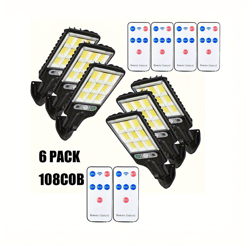 6 paquetes de lámpara solar exterior 108COB con detector de movimiento, luz de jardín, iluminación LED exterior con energía solar, luz solar para calle con sensor de movimiento