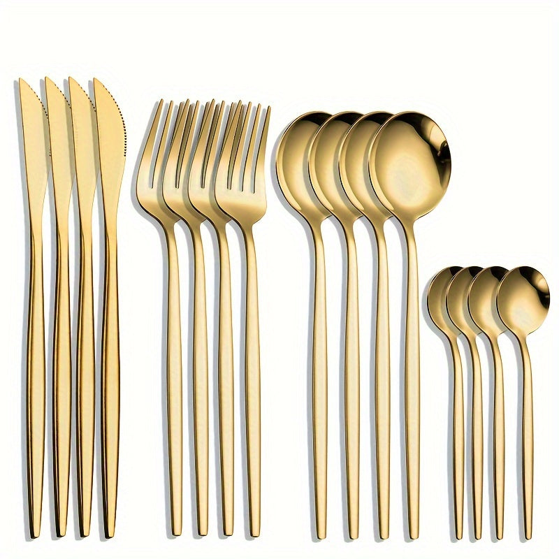Juego de Vajilla Portuguesa Fina de Acero Inoxidable de 16 Piezas, Set de 4 Piezas: Cuchillo para Bistec, Tenedor, Cuchara, Cuchillo, Tenedor, Cuchara para Hotel y Restaurante