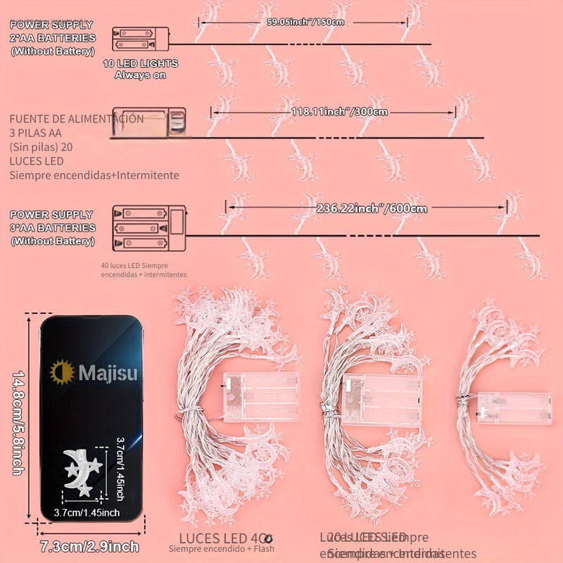 1pc Luces de cuerda LED Majisu Moon, alimentadas por batería, control por botón, luces de hada decorativas para interior para Ramadan, montable en pared, no impermeable, ≤36V