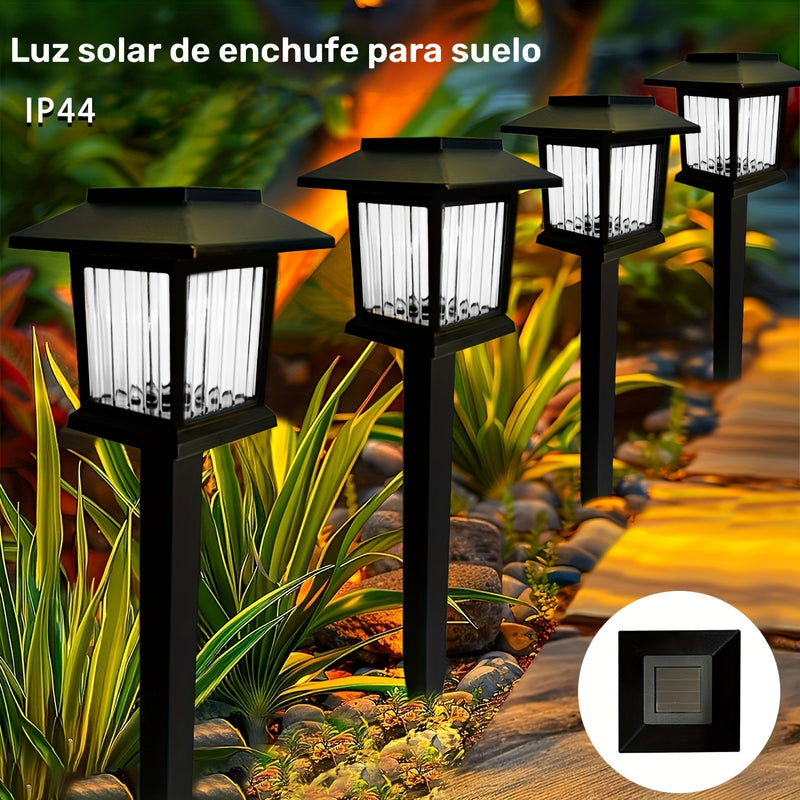 Conjunto de 4 Luces Solares para Caminos Exteriores, Diseño Cuadrado Retro con Brillo Amarillo Cálido, Lámparas Acrílicas Negras para Jardín, Patio, Paisaje y Iluminación Decorativa de Entrada, Luces Solares para Exterior