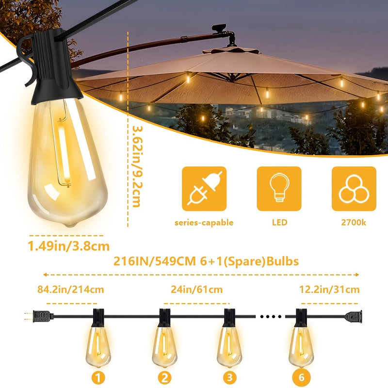 Luces de cuerda ST38 para exteriores, 106 pies, 50+4 bombillas LED regulables, resistentes al agua, amarillo brillante 2700K, enchufe US 110-130V, candelabro semiempotrado para patio, bistro, fiestas, bodas, jardín, gazebo, terraza, porche - No requiere