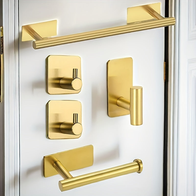Juego de 5 accesorios para baño de acero inoxidable - Incluye barra para toallas, portarrollos de papel higiénico y gancho para albornoz - Fácil instalación sin taladrar - Opción perfecta para decoración del hogar, regalo de Navidad/Halloween