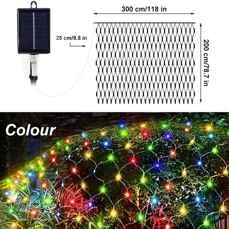 1 unidad de luces de red solares - 192 LED, 298.7 cm x 201.17 cm, 8 modos de luces LED intermitentes para uso en interiores/exteriores - Perfectas para árboles, paisajismo, jardín, techo, balcón, decoración de pared - Ideales para bodas, cumpleaños, Navi