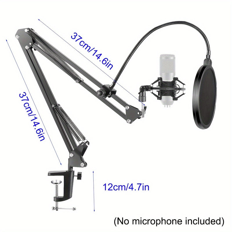 Soporte de micrófono ajustable de acero al carbono con brazo de boom, montaje de choque, pantalla de viento y soporte de filtro de pop - Montaje de escritorio con brazo de tijeras para transmisión en vivo, juegos, transmisión en vivo, grabación de audio