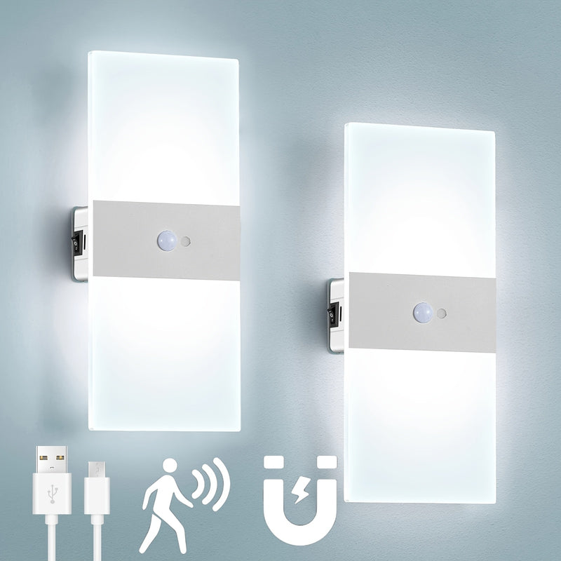 2 Luces de Pared Cálidas/Frías con Sensor de Movimiento, Instalación Magnética Sin Taladro, Carga USB para Dormitorio, Sala de Estar, Pasillo y Escaleras