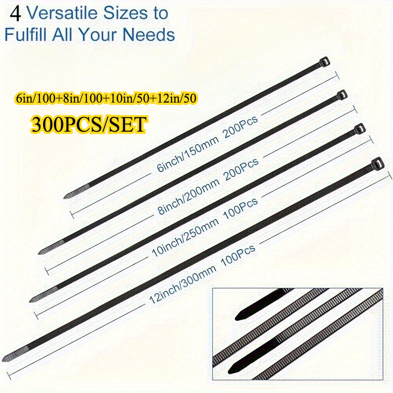 Conjunto de 300 piezas de Correas de Fijación Multiusos, Fuertes y Duraderas, (6, 8, 10, 30.48 cm), Pueden Ser Utilizadas para Agrupar y Fijar en Exteriores y Jardinería, Adecuadas para la Gestión y Almacenamiento de Hogar, Oficina y Materiales