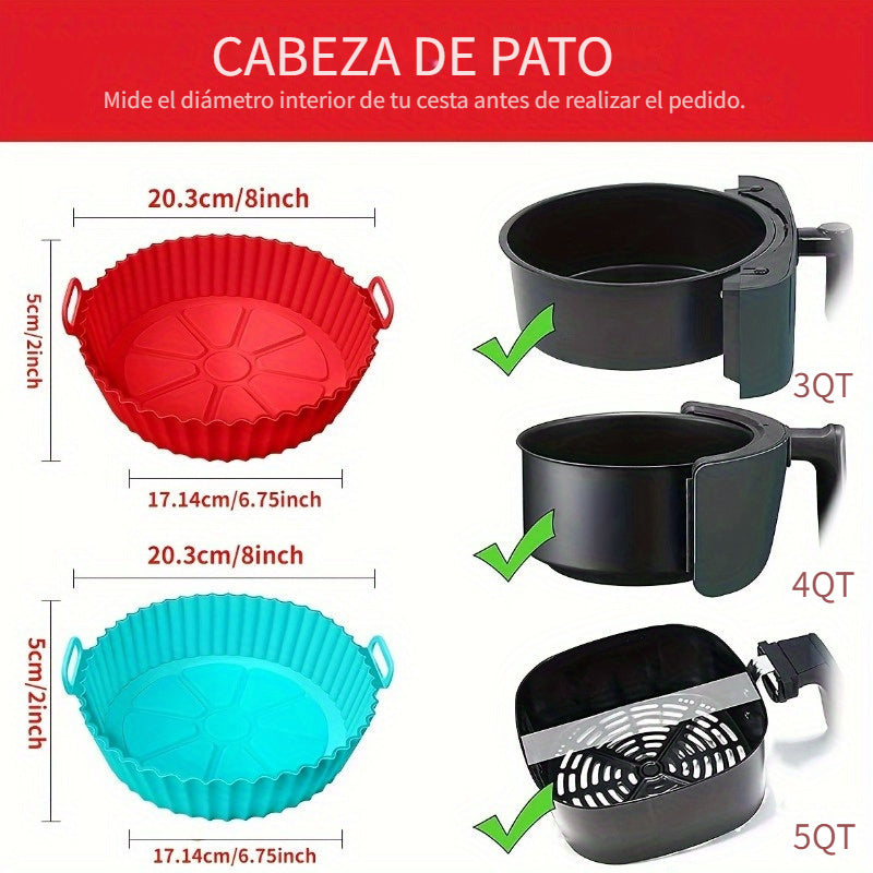 Una pieza de sartén de silicona para freidoras de aire, con un diseño plegable tridimensional. Esta bandeja redonda de silicona reutilizable de 8 pulgadas sirve como forro para hornear a alta temperatura.