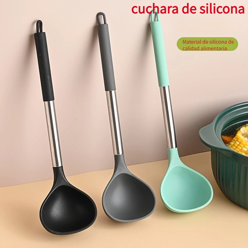 1 ud., cuchara grande de silicona, cuchara de silicona, mango de acero inoxidable para cuchara, cuchara grande, cuchara antiadherente para sartén, cuchara larga y resistente al calor para el hogar, cuchara de cocina